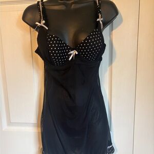 Black Polka Dot Mesh Chemise with White Bow Accents
